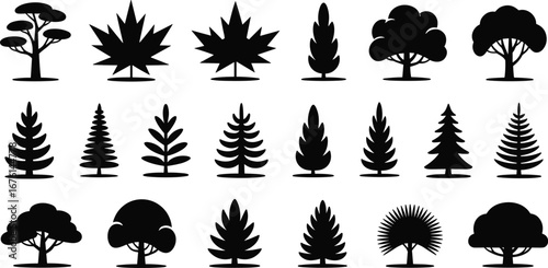 Collection of black tree silhouettes in various shapes and styles, ideal for landscape design, nature icons, or vector illustration elements.