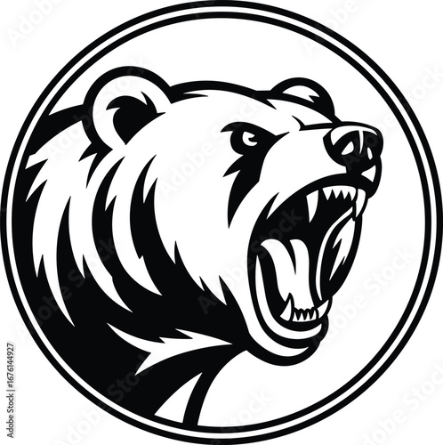 Fierce roaring bear head mascot vector illustration in black and white for sports logo, emblem, tattoo, or graphic design