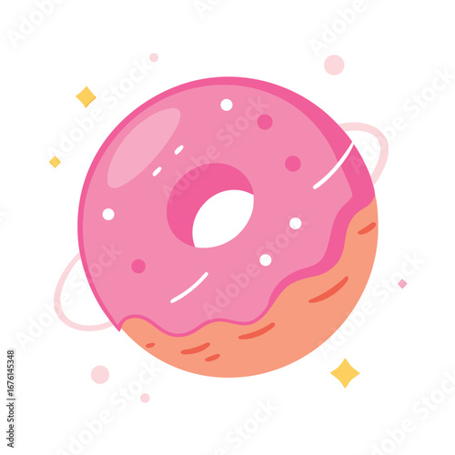 A cute pink donut with a ring around it, isolated on white background, surrounded by stars