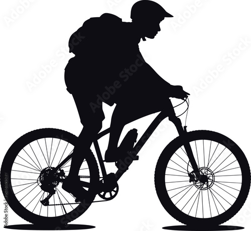 Silhouette of a Mountain Biker Riding with Helmet and Backpack on Trail Bike, Isolated on White Background, Outdoor Adventure Concept