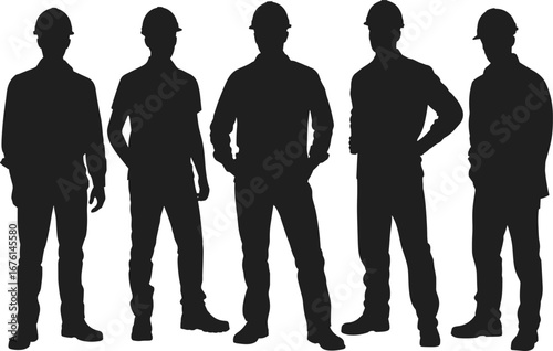 Silhouette of Construction Workers Wearing Safety Helmets Standing Together Teamwork Labor Force Unity Industry Concept Vector Illustration
