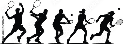 Silhouette of Male and Female Tennis Players in Action with Rackets and Balls on White Background for Sports Vector Design