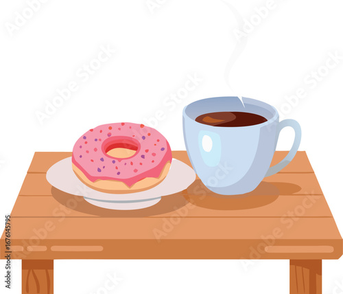 A pink donut on a plate with a cup of coffee on a wooden table isolated on white background