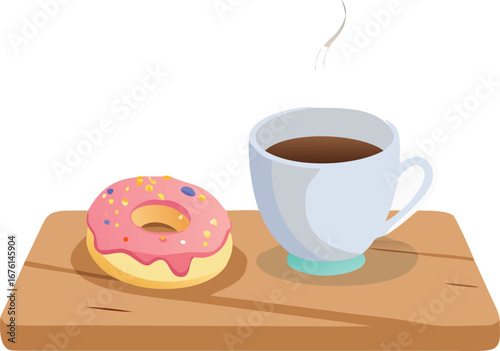 A cup of coffee and a donut with pink frosting on a wooden board isolated on white background