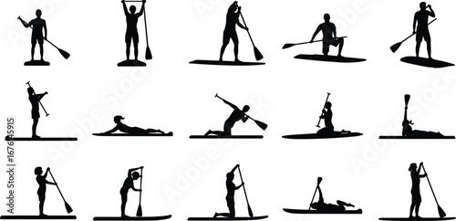 Silhouette Set of People Paddle Boarding in Various Poses on Water, Standing, Sitting, Lying Down, Vector Sports Illustration
