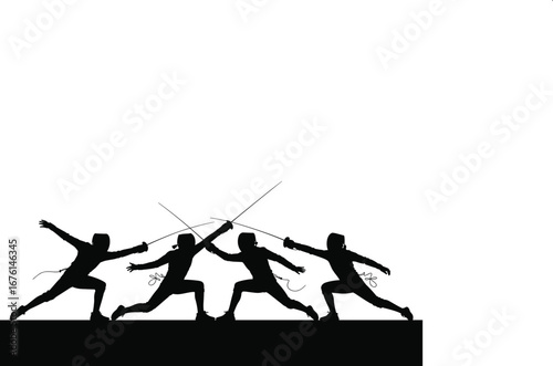 Silhouettes of Professional Fencers in Action on Strip Platform with Swords Drawn Engaging in Competitive Fencing Duel Match