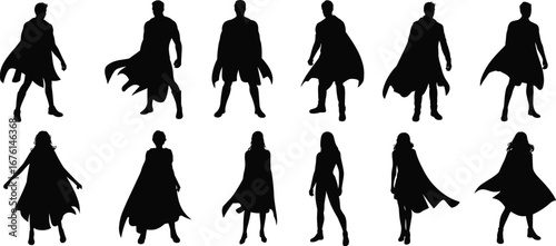 Silhouettes of superheroes and superheroines in capes standing confidently, powerful stance, fantasy characters, vector illustration for design projects