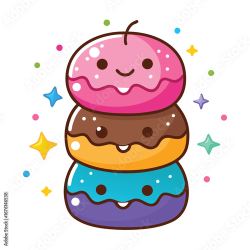 A stack of three kawaii donuts with different flavors isolated on white background