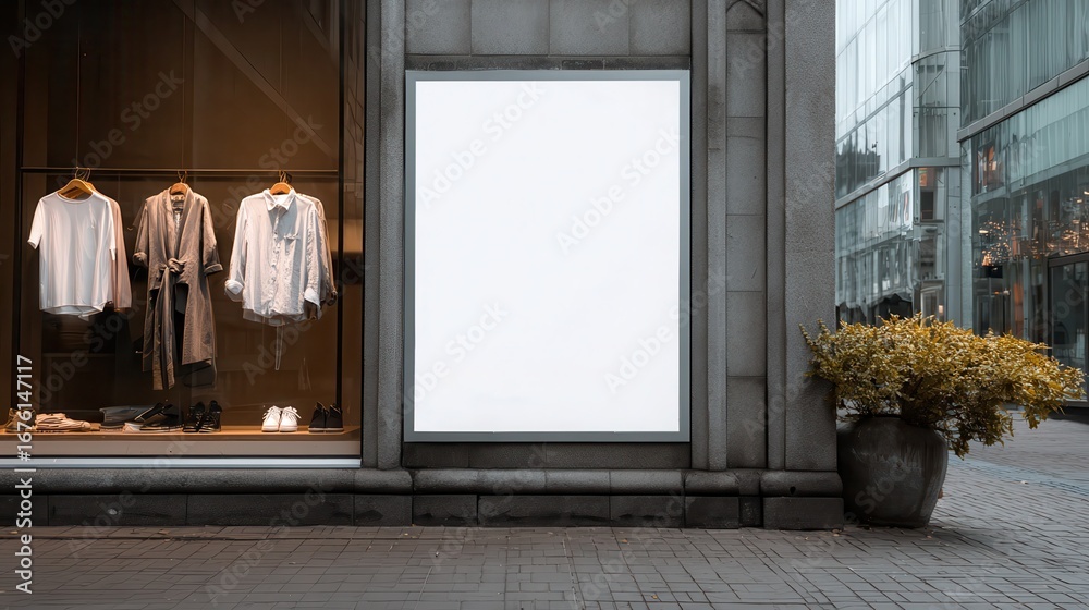 Obraz premium Blank storefront sign, city street, clothing display, mockup.