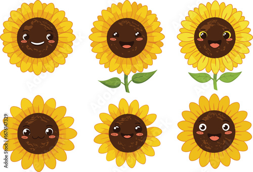 Cartoon Sunflowers with Smiling Faces and Varied Expressions Including Full-Body Versions with Leaves and Stems on White Background