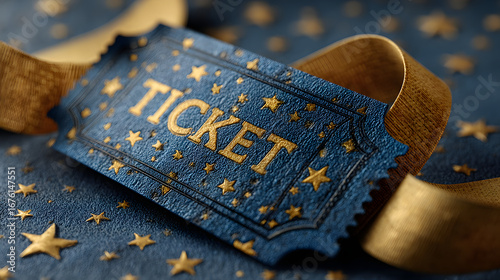 Blue ticket with golden stars and the word TICKET with a gold ribbon 