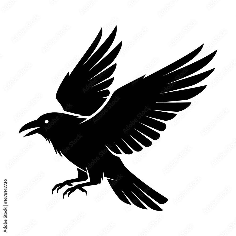Naklejka premium Black silhouette of a raven in flight with wings spread wide.