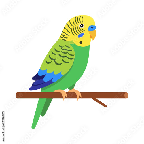 A green budgie bird sits on a perch.