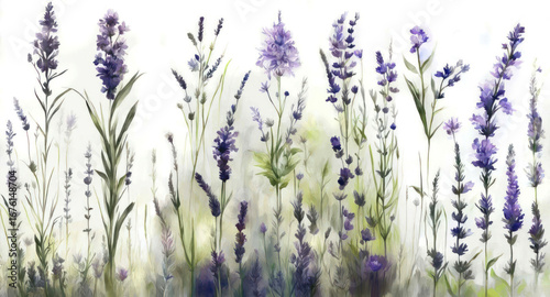 Watercolor painting depicting a field of lavender flowers with a soft and dreamy aesthetic