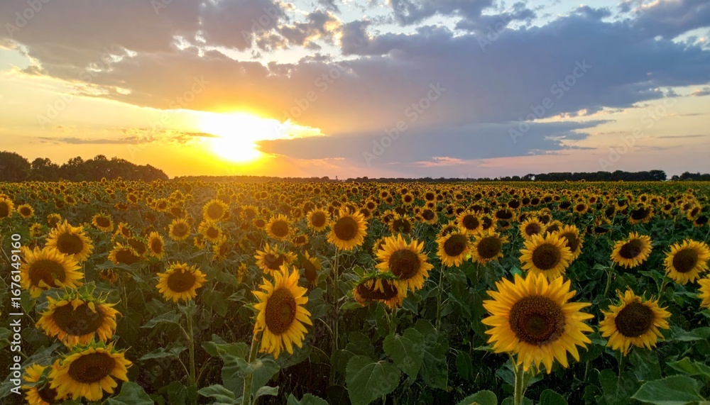 Obraz premium Vibrant Sunflower Field Under a Golden Sunset Sky