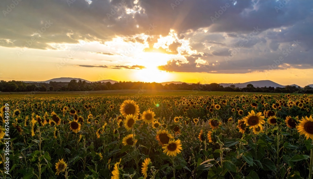 Fototapeta premium Serenity of Sunflower Field at Sunset with Vibrant Sky and Clouds