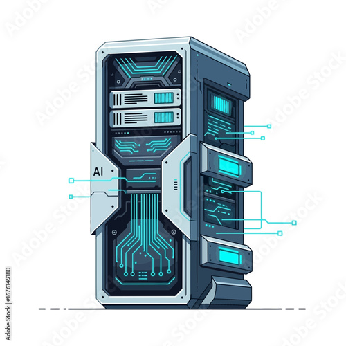 Futuristic server rack with glowing blue internal components.