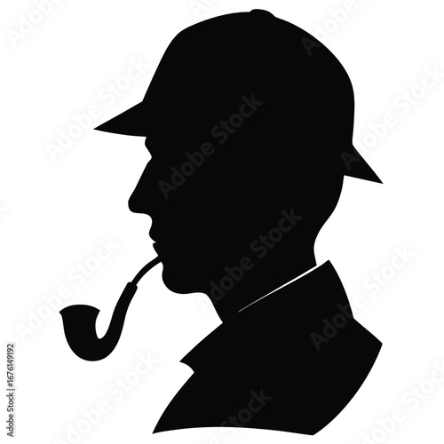 Black silhouette man profile smoking pipe wearing hat