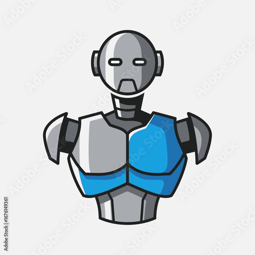 A stylized robot bust with blue and gray armor.