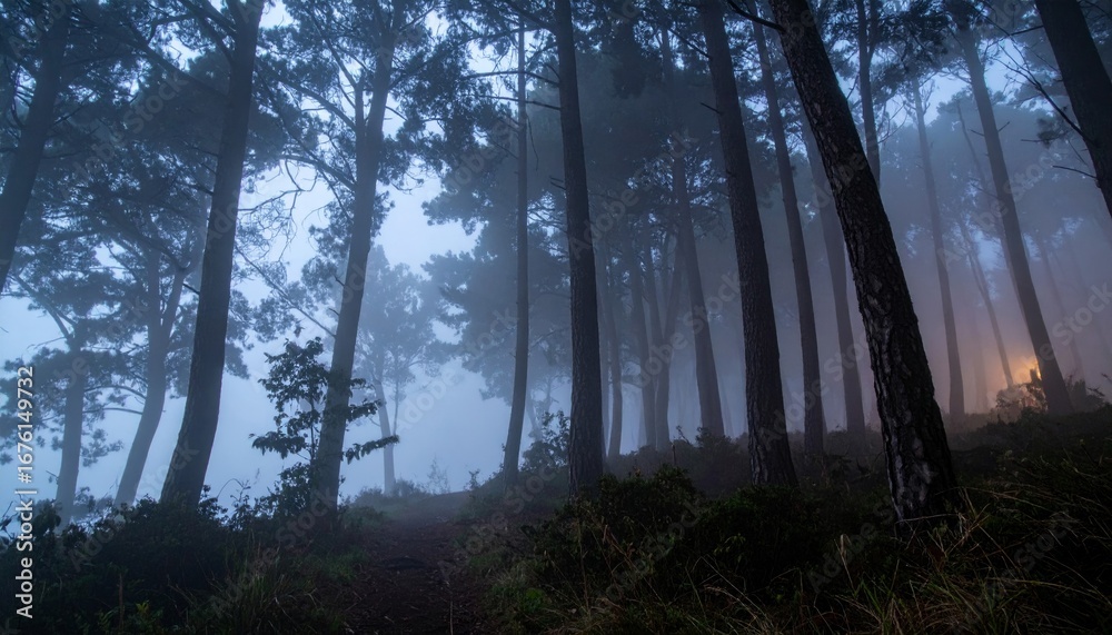 Naklejka premium Misty Forest Pathway with Tall Trees and Soft Fog in Twilight