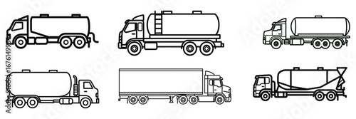 Set of Tanker Truck Vector Icons – Fuel, Oil, Gas, and Cargo Transport Vehicles Illustration