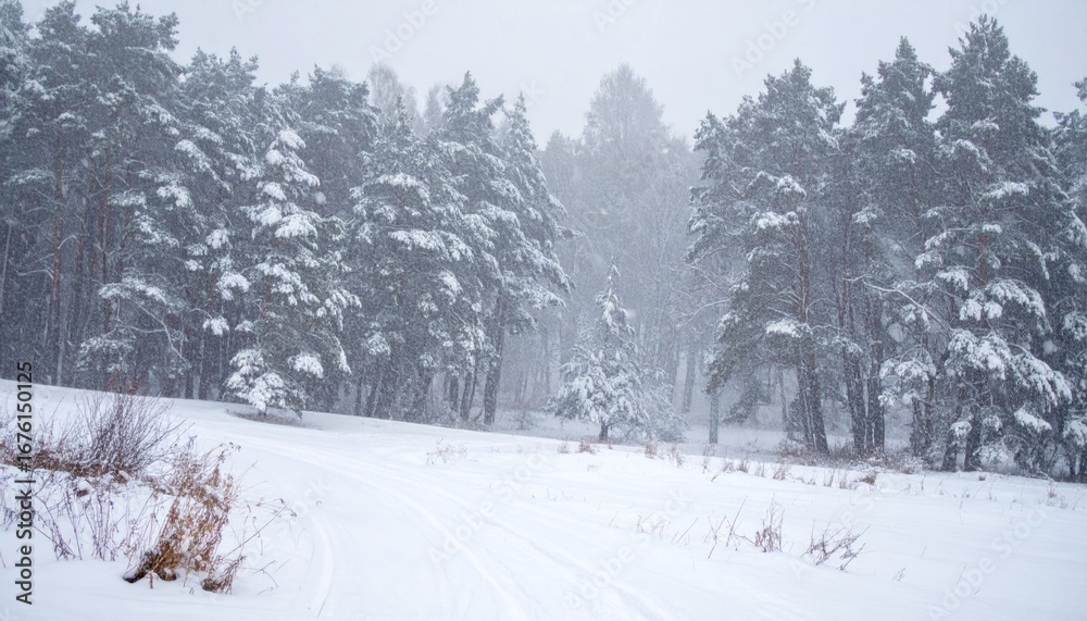 Fototapeta premium Snowy Winter Landscape with Pine Trees in a Blizzard Atmosphere
