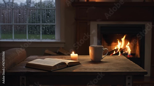 A cozy scene with a book, candle, and coffee by a fireplace on a rainy day