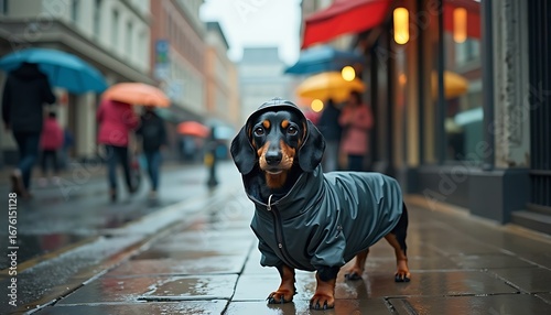 Fototapeta Naklejka Na Ścianę i Meble -  Dog Wearing Raincoat on Wet City Street Pedestrians with Umbrellas
