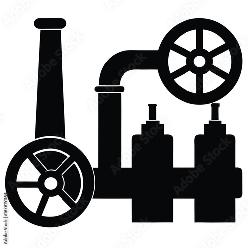 Industrial machine with wheels and pipes engine steam