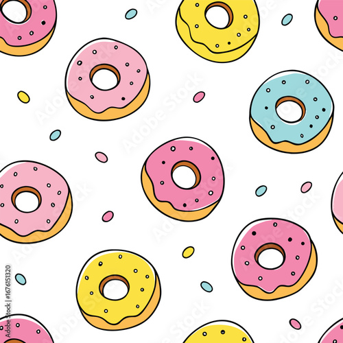 Seamless pattern of colorful donuts isolated on white background for festive decoration