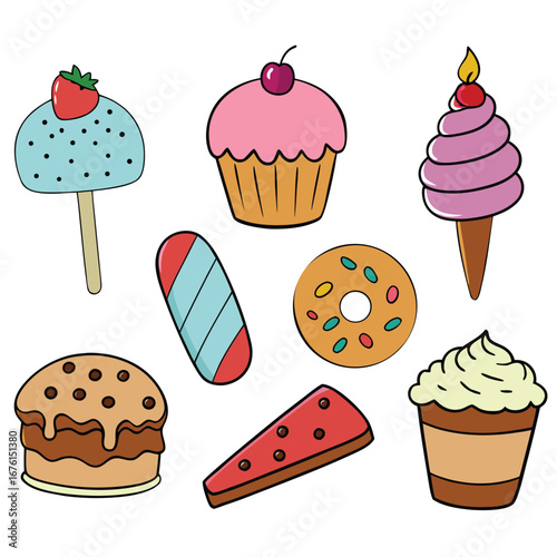 Collection of colorful desserts isolated on white background, including cupcakes, donuts, and ice cream
