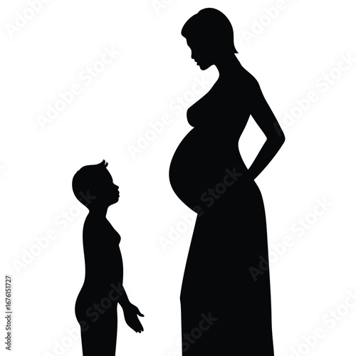 Pregnant woman and child silhouette black and white