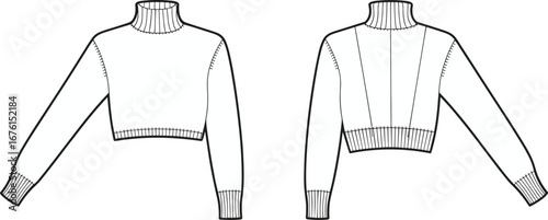 Cropped turtleneck sweater technical flat front and back view with ribbed collar, cuffs, hem, long sleeves, apparel fashion vector illustration