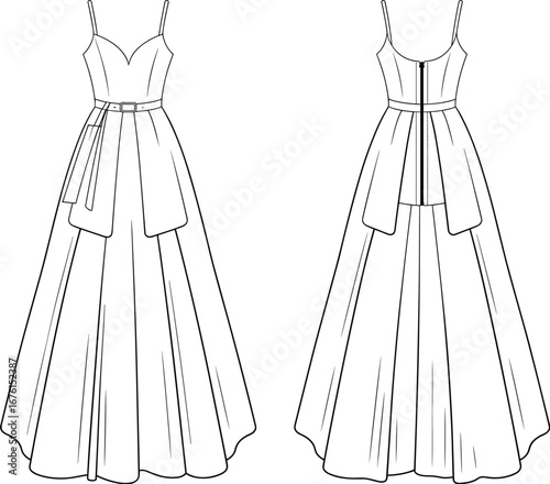 Elegant formal gown fashion technical illustration with front and back views, sweetheart neckline, draped panels, fitted bodice, and pleated skirt design