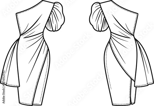 Elegant one‑shoulder puff sleeve dress technical fashion vector illustration with draped waist detail, asymmetrical hemline, front and back garment views