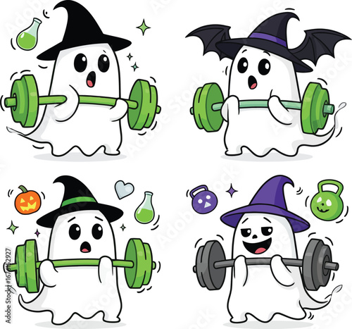 Spooky ghosts lifting weights for halloween fitness fun