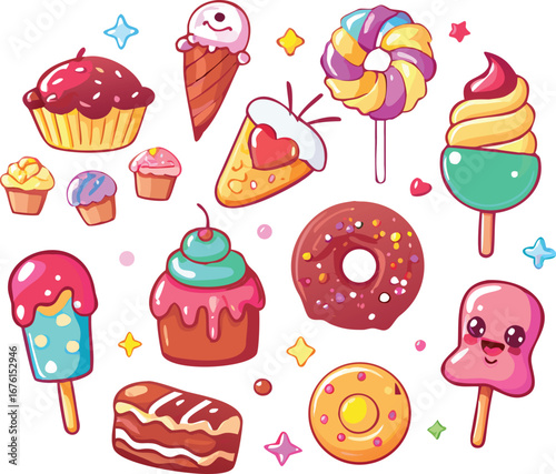 Cute kawaii desserts and sweets isolated on white background, perfect for birthday or party invitation