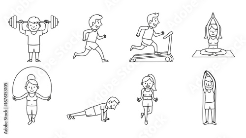 Doodle Training Exercise Characters | Linear Icons Collection of Men and Women Fitness Workout on White