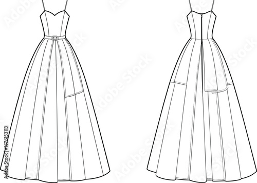 Long formal dress technical fashion flat front and back view with pleated skirt, bodice seams, belt detail, apparel vector illustration