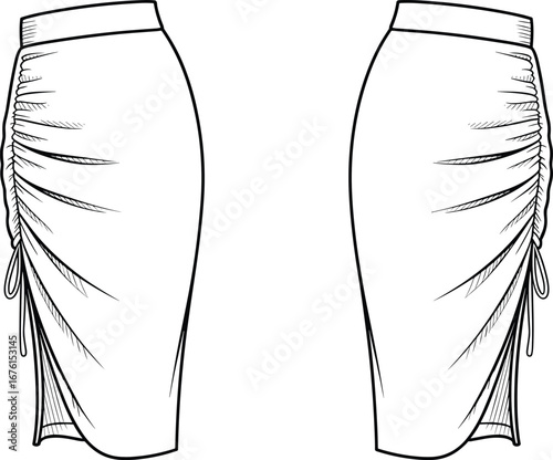 Ruched skirt technical side view fashion flat with drawstring detail, high waist, midi length, asymmetric hem, apparel vector illustration