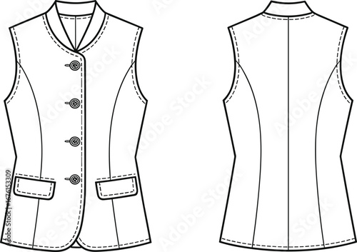 Sleeveless women’s vest technical flat sketch with front and back views, button closure, flap pockets, princess seams, tailored design vector illustration