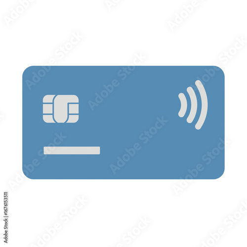 Blue credit card with contactless payment symbol and chip.