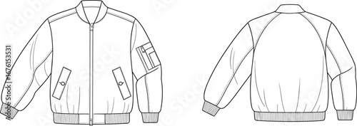 Technical fashion flat sketch of bomber jacket with zipper, ribbed cuffs and hem, welt pockets, sleeve utility pocket, raglan sleeves