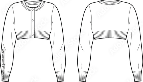 Technical fashion flat sketch of cropped cardigan sweater with round neckline, button closure, ribbed cuffs and hem, front and back garment drawing