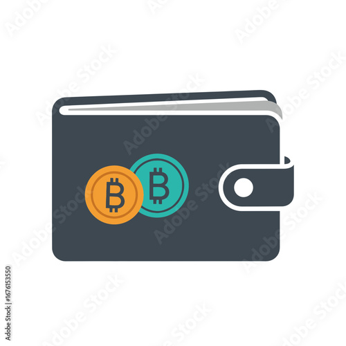 Digital wallet with cryptocurrency coins inside.