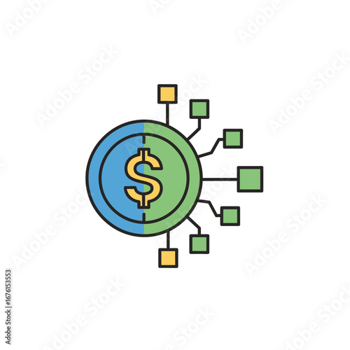 Digital currency symbol connected to network nodes.
