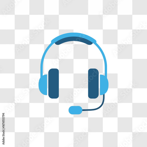 A blue headset with a microphone on a transparent background.