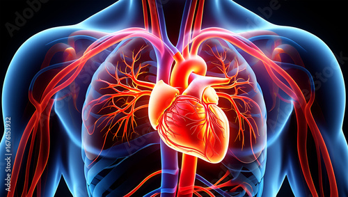 Human circulatory system with glowing red heart and blue translucent body image