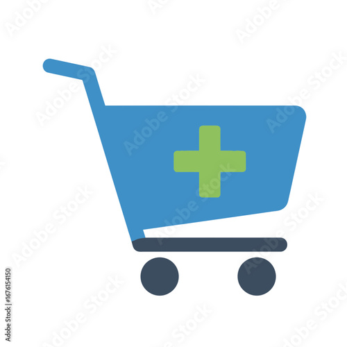 Blue shopping cart icon with green plus symbol.