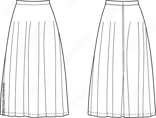 Technical fashion flat sketch of women’s high waist pleated A‑line skirt with back zipper closure, front and back garment views